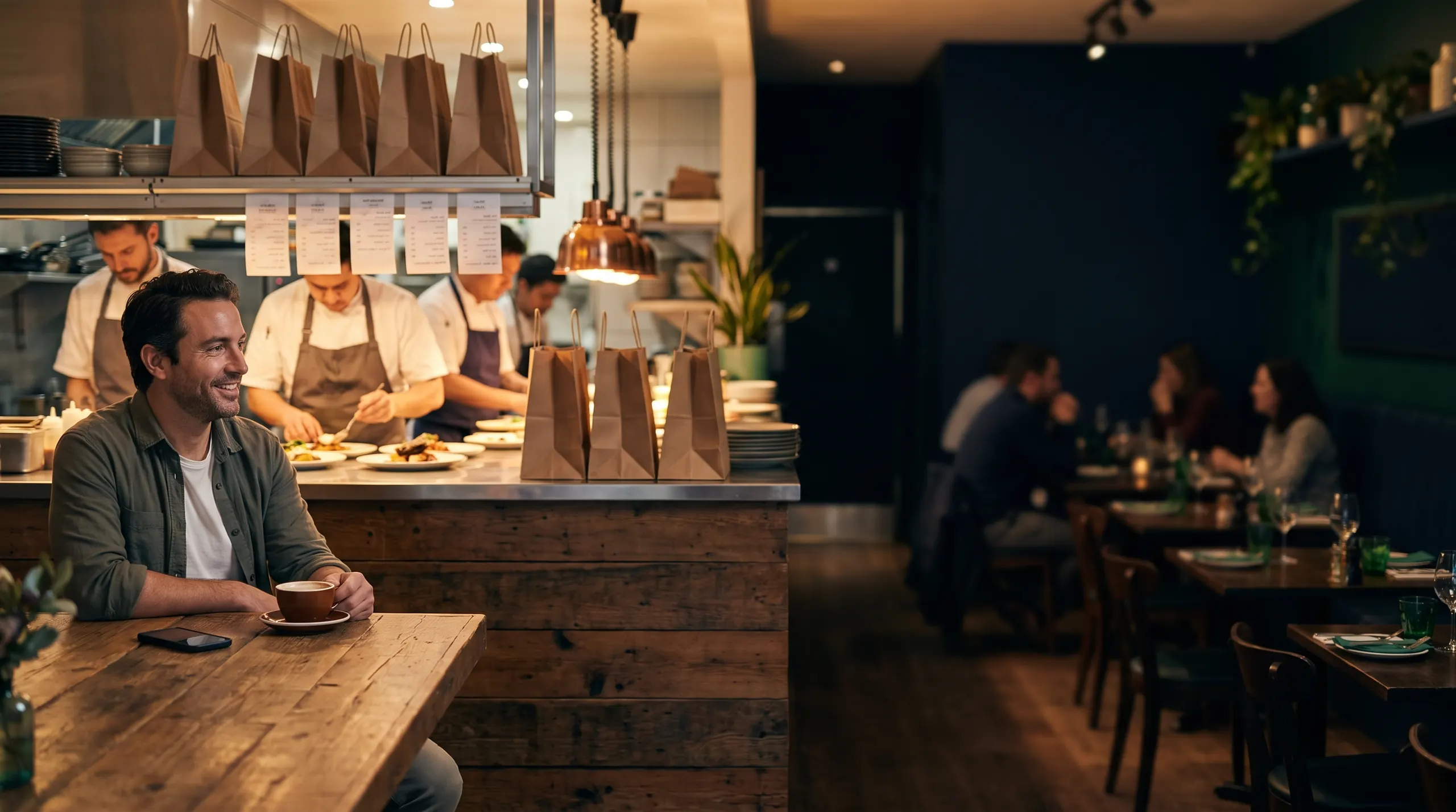 Dueño de restaurante tranquilo con un café mientras su cocina despacha los pedidos a domicilio