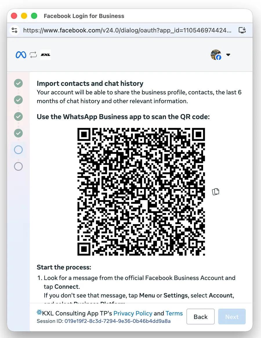 Un código QR para escanear con la app de WhatsApp Business y las instrucciones para empezar.