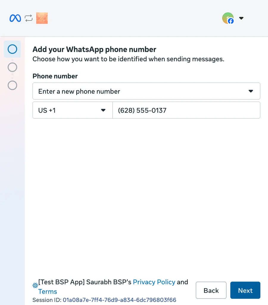 Pantalla para añadir el número de WhatsApp, con el país elegido y un número ya escrito.