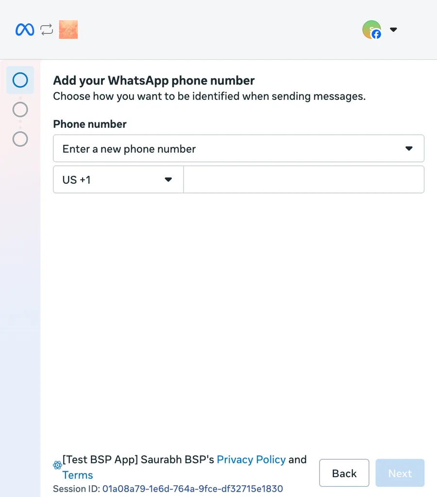 Pantalla para añadir el número de WhatsApp, con el selector de país y el campo del número vacío.